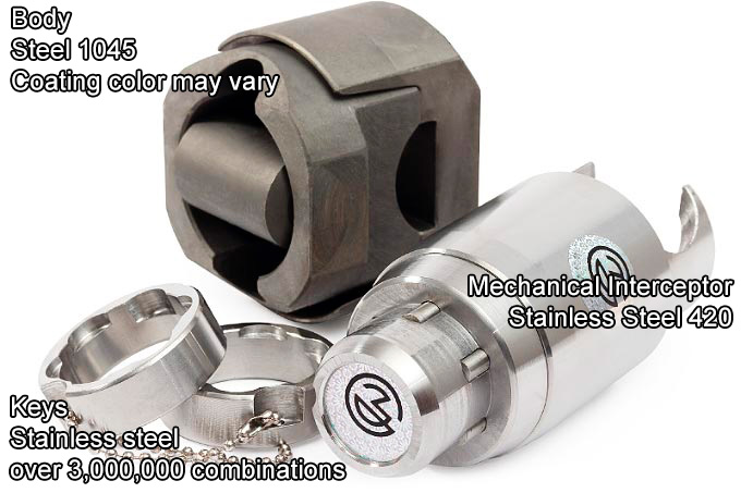 Mechanical Interceptor anti-theft device Toyota Ipsum 2001-2009: Blocker, Device (housing base, body bushing, two mounting screws), Two keys.